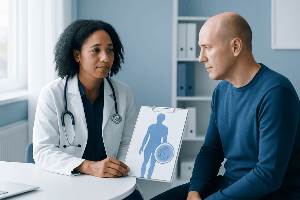 Doctor consulting with patient about lymphoma diagnosis and treatment options.