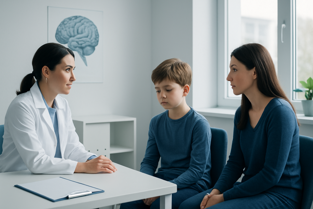 Child and mother consulting with a doctor about ADHD in a clinical setting.