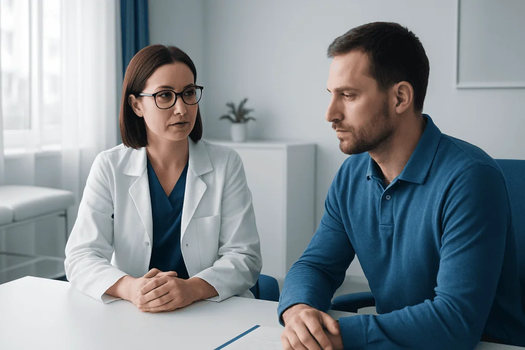 Doctor consulting with male patient in a medical office setting.