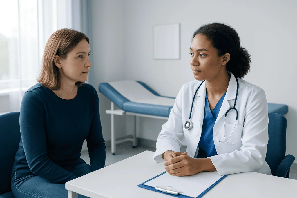 Doctor consulting with a patient in a medical office setting.