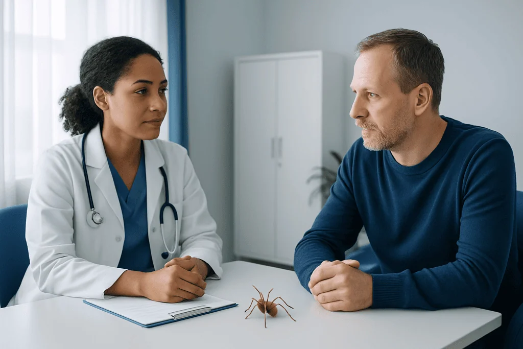 Doctor and patient discussing Hobo Spider at hospital.