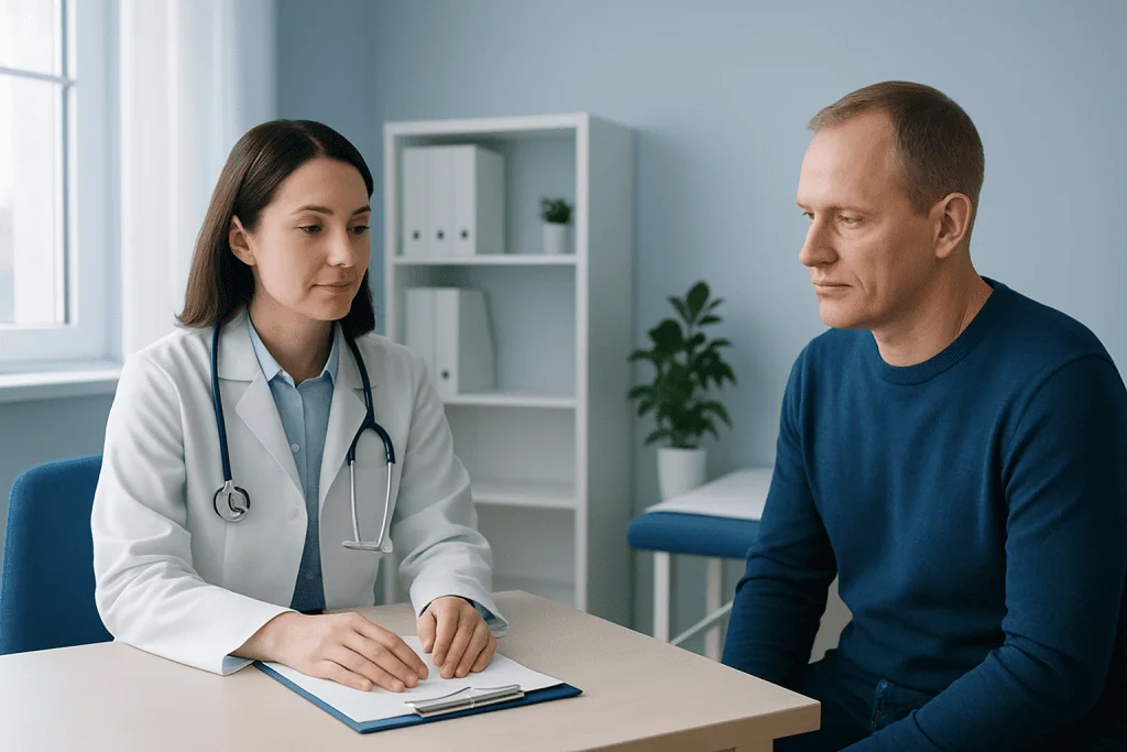 Doctor consulting with male patient in a medical office.