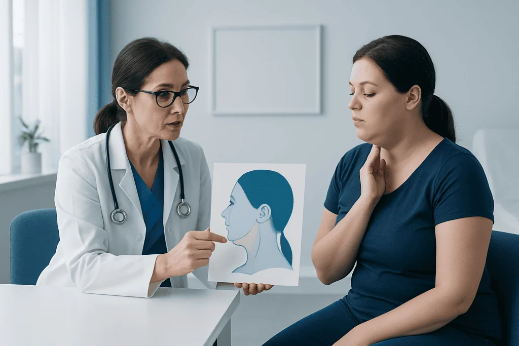 Doctor explaining double chin causes to patient with diagram.