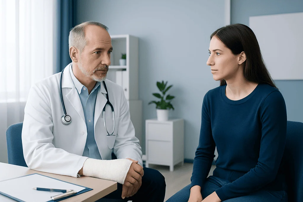 Doctor consulting with a female patient in a modern clinic setting.