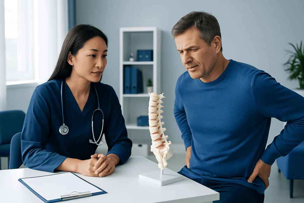Doctor explaining spinal issues to patient with spine model in clinic.