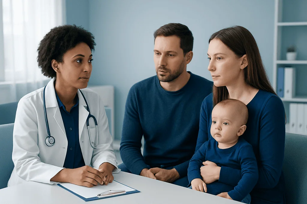 Doctor consulting with a family in a medical office setting.