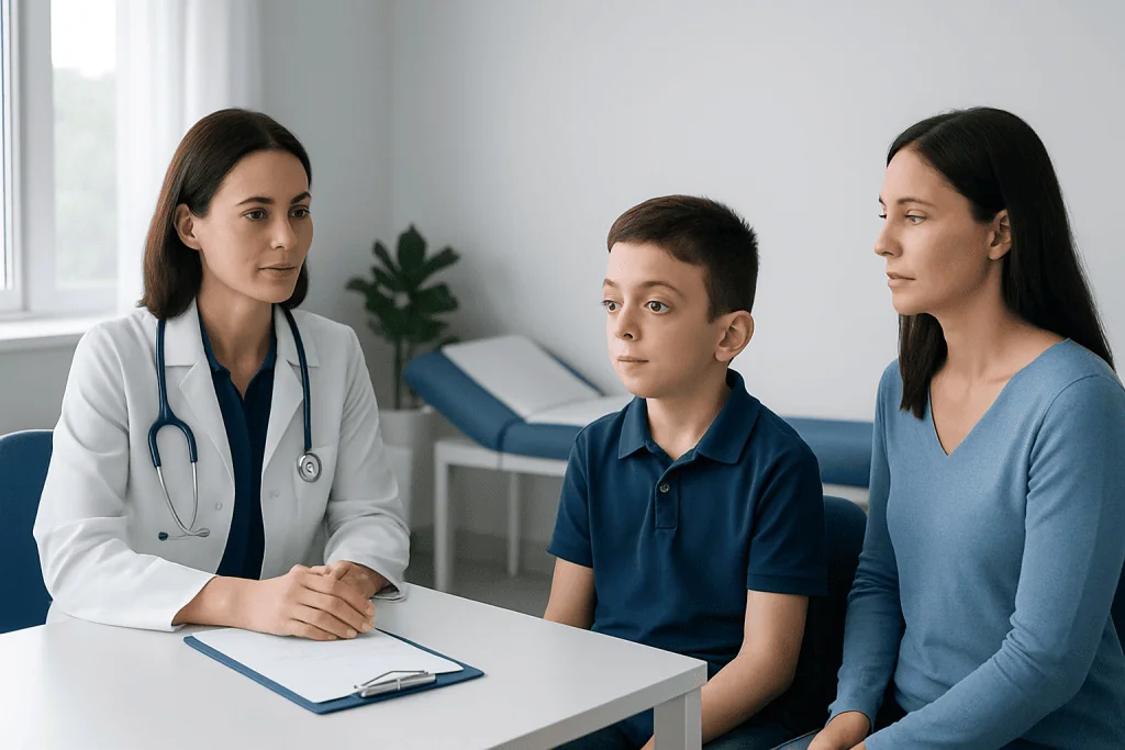 Doctor consulting with a mother and son in a medical office.