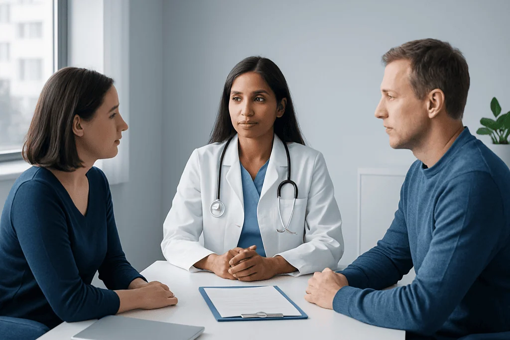 Doctor consulting with a patient and companion in a medical office.
