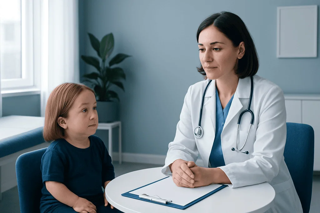 Pediatric doctor consulting young girl in a medical office.