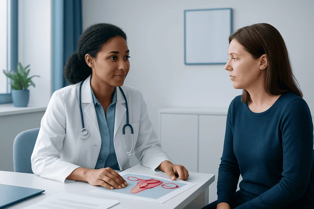 Doctor consulting with a patient about intramural fibroids in a medical office.