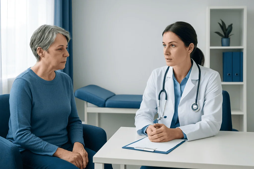 Doctor consulting with an elderly patient in a medical office.