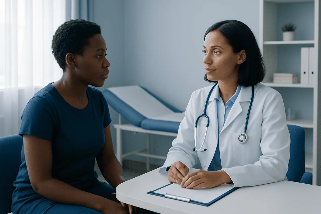 Doctor consulting with a young patient in a medical office.