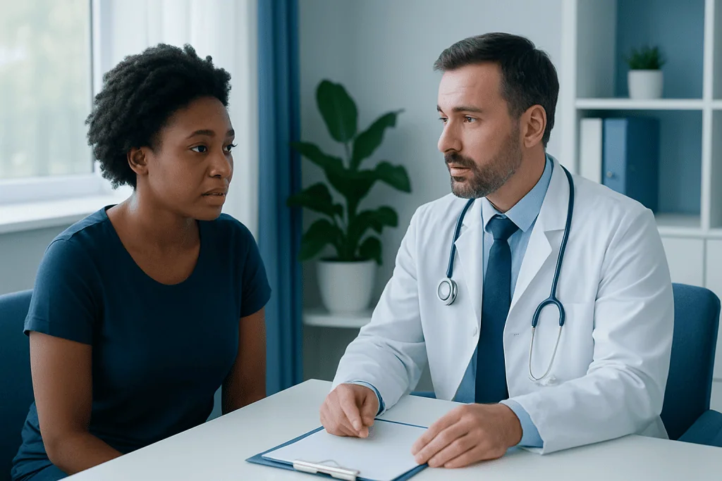 Doctor consulting with a patient in a medical office setting.