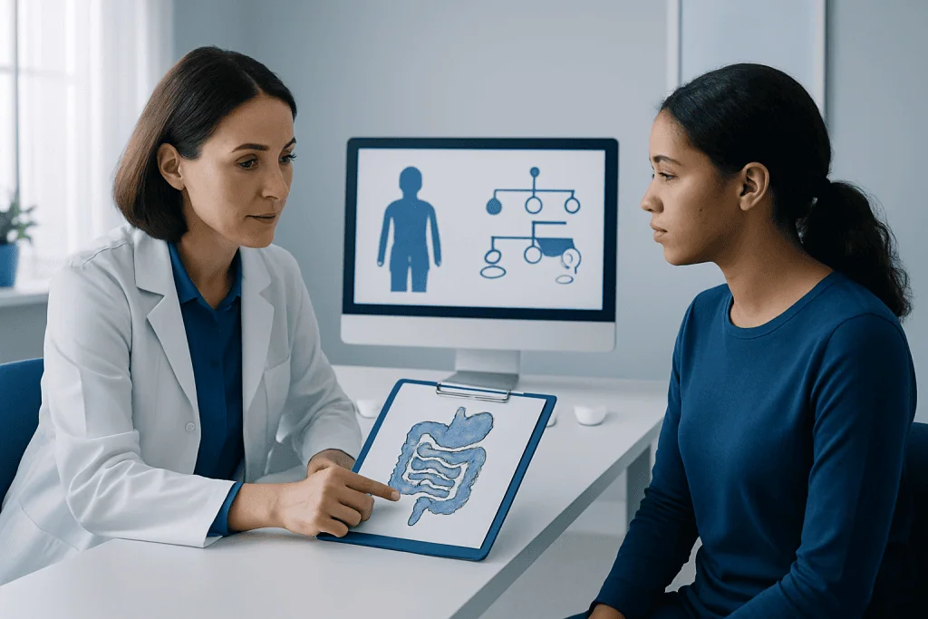 Doctor explaining gastrointestinal diagram to patient in clinic setting.