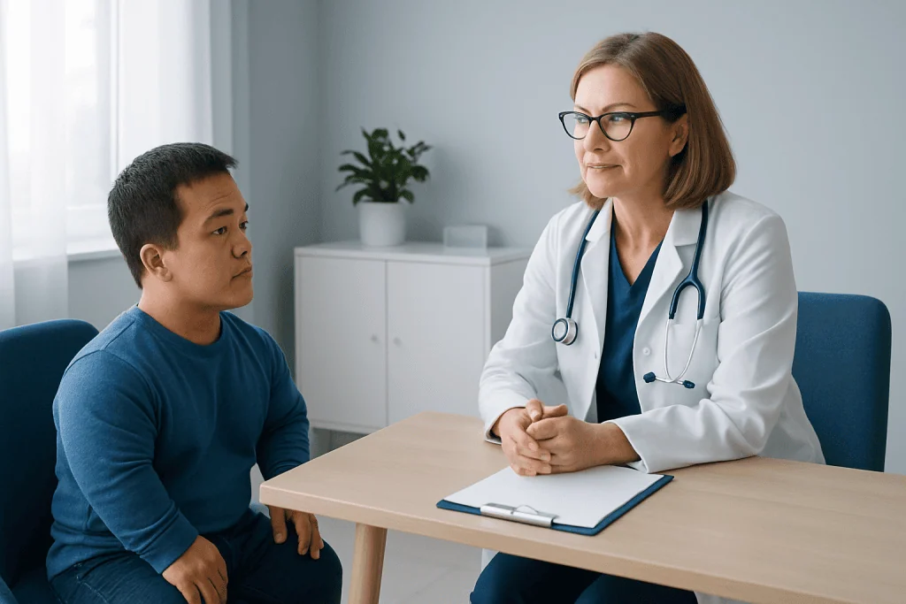 Doctor consulting with a young patient in a medical office.