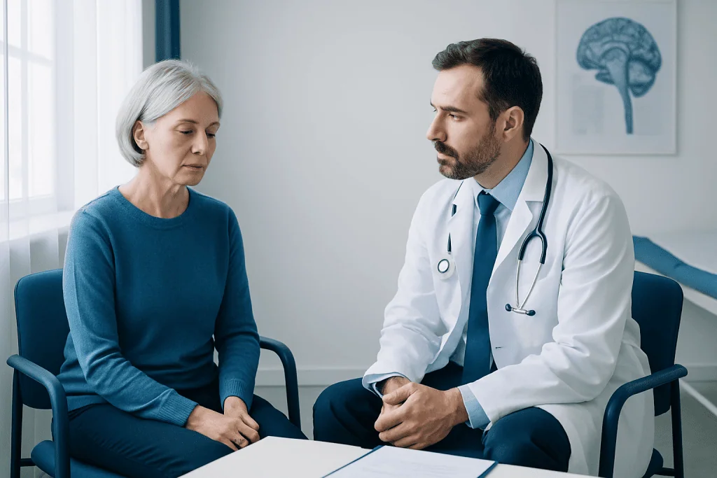 Doctor consulting with an elderly female patient in a medical office.