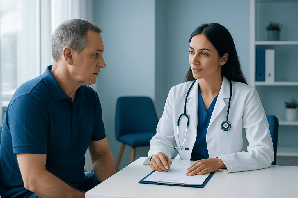Doctor consulting with patient in a modern medical office.