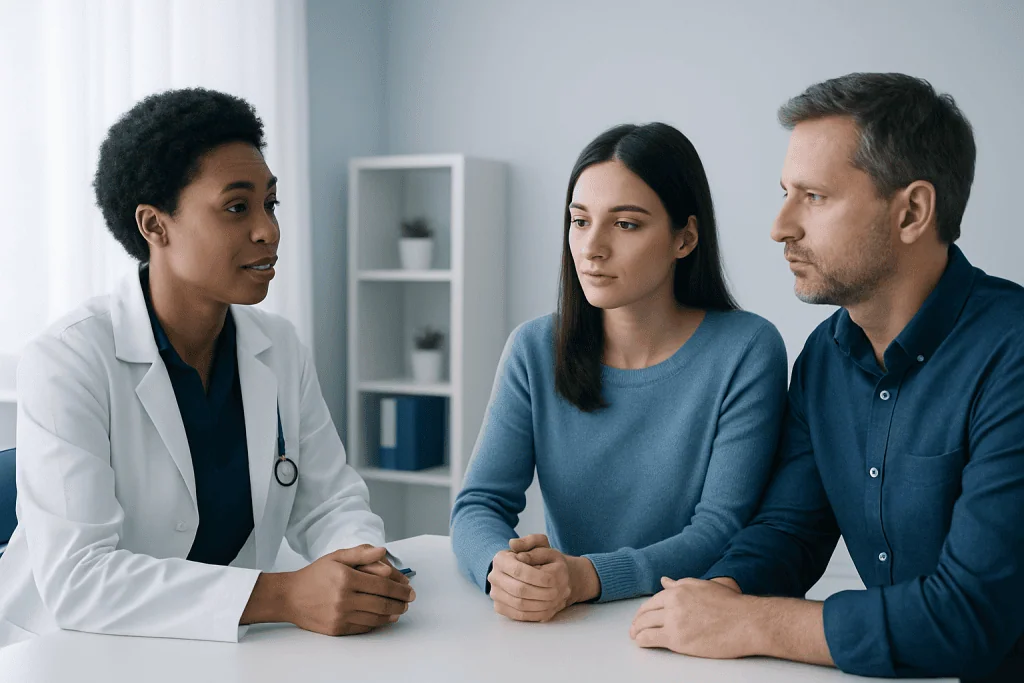 Doctor consulting with a young woman and her father in a medical office.