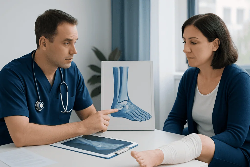 Doctor explains ankle X-ray to patient with leg cast in clinic.