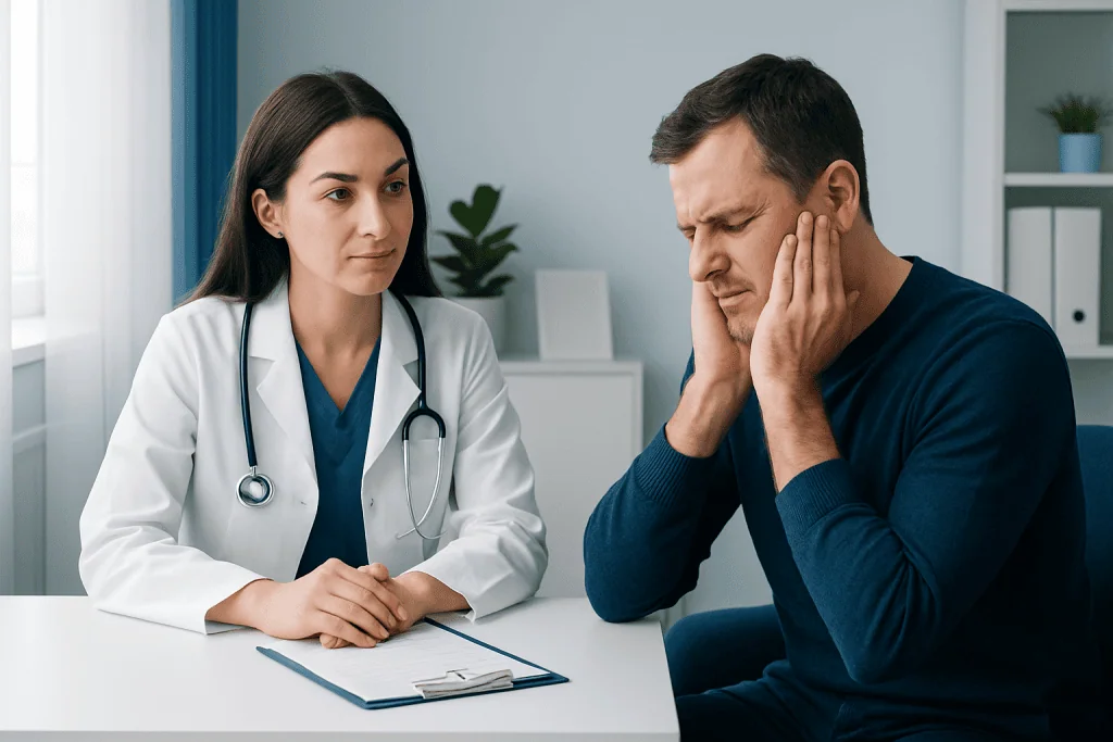 Doctor consulting a patient with ear pain in a medical office.