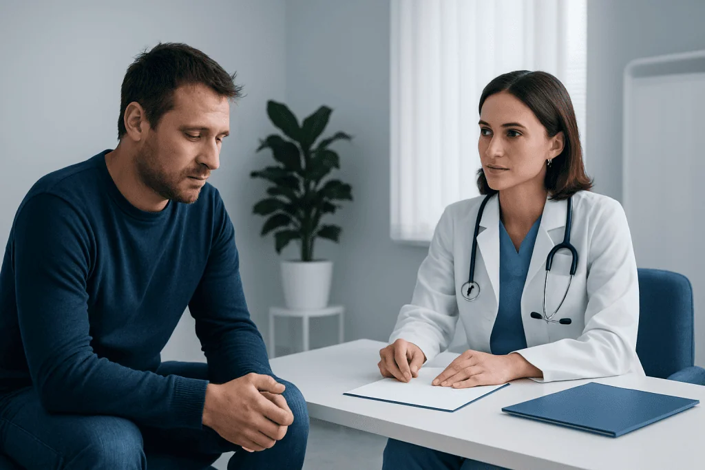 Doctor consulting with a male patient in a medical office setting.