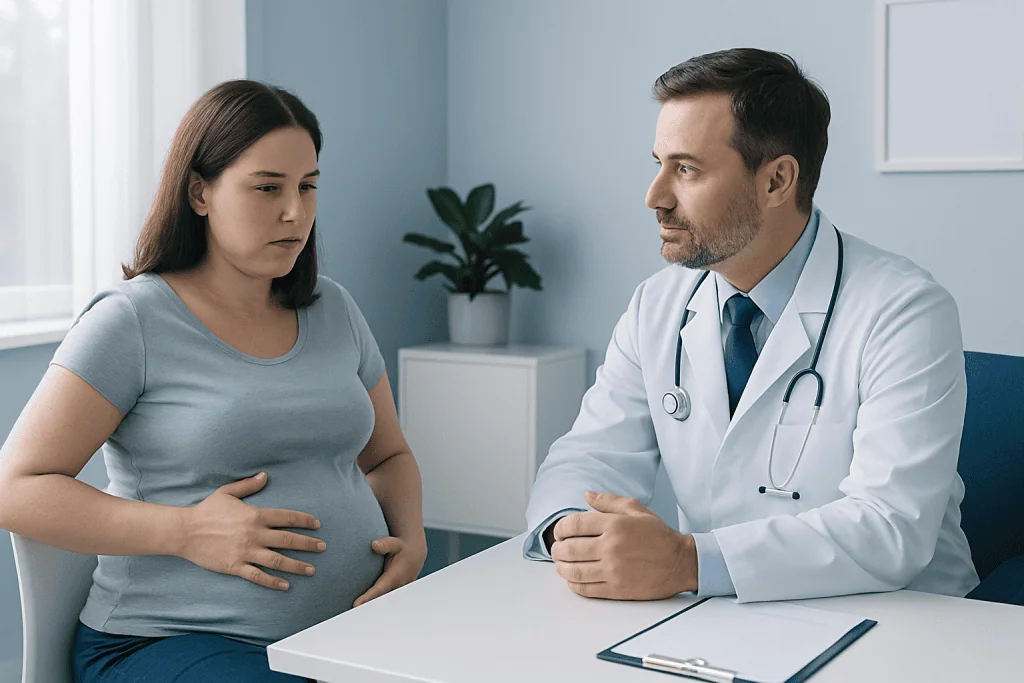 Doctor consulting pregnant woman about abdominal distension in a clinical setting.