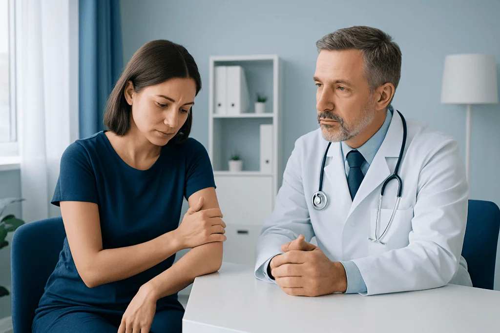 Doctor consulting with a young woman about left arm pain in a medical office.