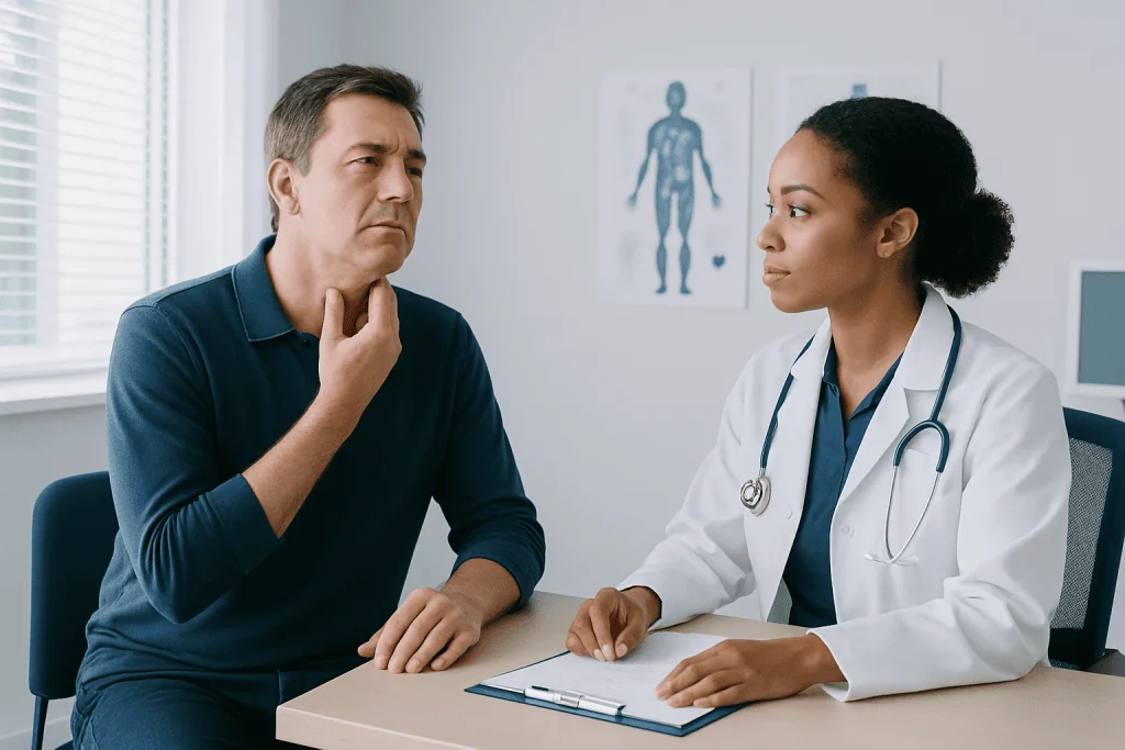 Doctor consulting with male patient about neck lump symptoms.