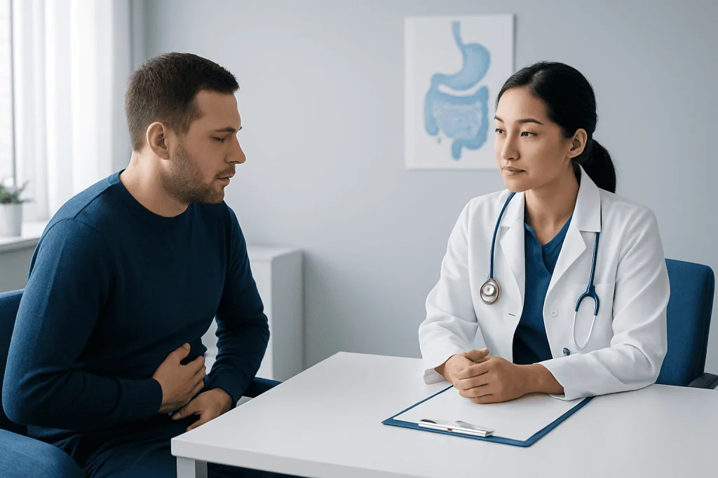 Doctor consulting patient about digestive health in a clinic setting.