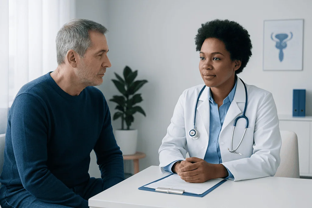 Doctor consulting with a male patient in a medical office setting.