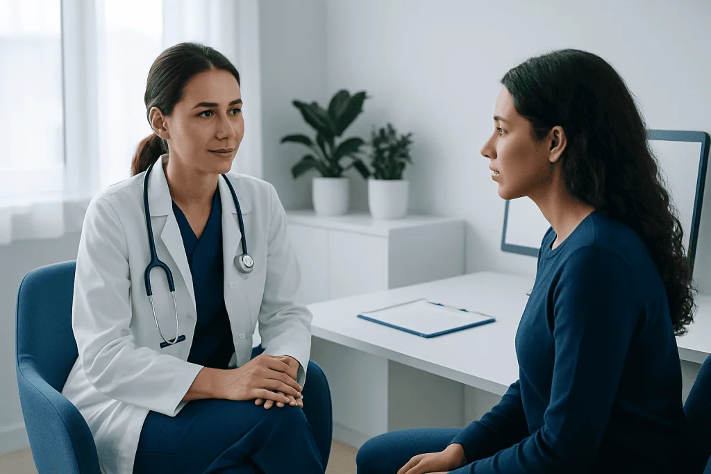 Doctor consulting with a patient in a modern clinic setting.