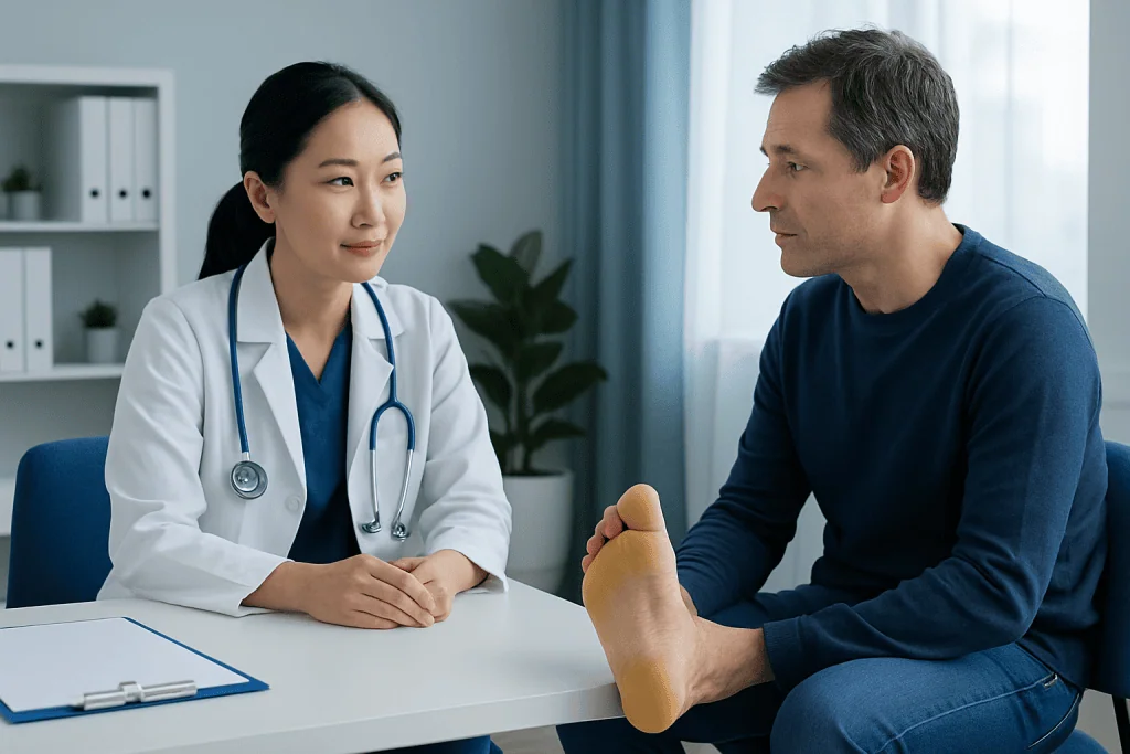 Doctor consulting with patient about heel pain at Acibadem Hospital.