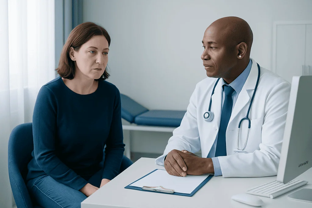 Doctor consulting with a female patient in a medical office setting.