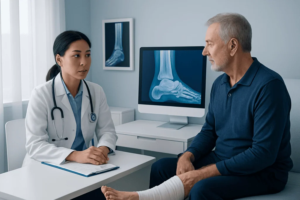 Doctor consulting with patient about ankle injury and X-ray images.