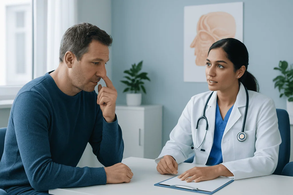 Doctor explains deviated septum to patient in consultation room.