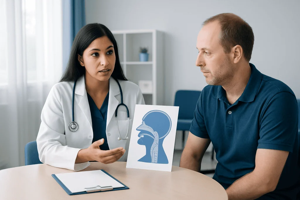 Doctor explaining sleep apnea to patient with diagram of airway.