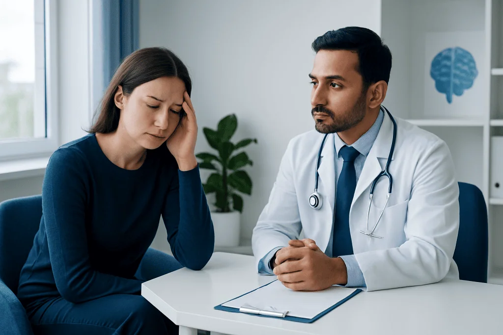 Doctor consulting with a woman experiencing headache or fatigue symptoms.