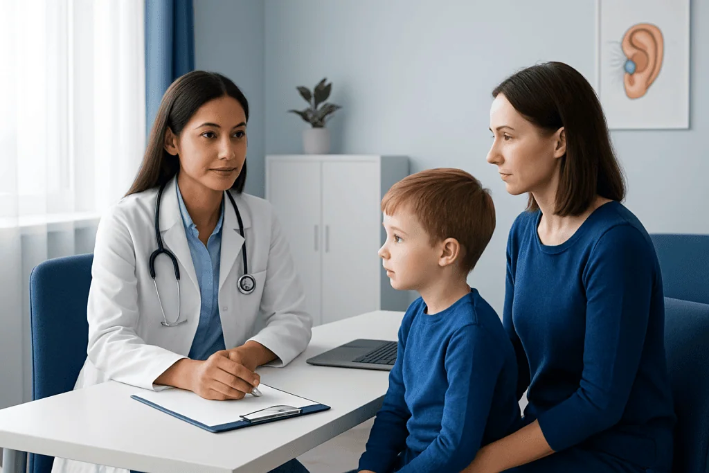 Pediatric consultation at Acibadem Hospital with doctor and mother.