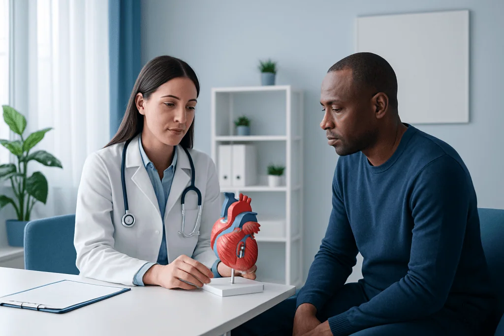 Doctor explaining heart model to patient in consultation room.
