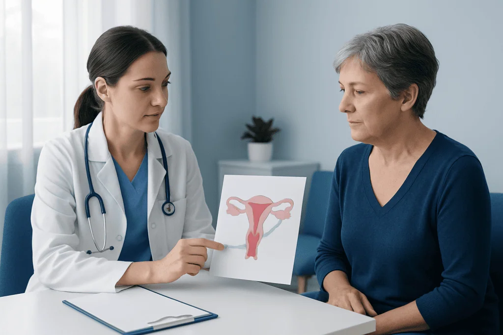 Gynecologist explaining uterine health to a patient with a diagram.