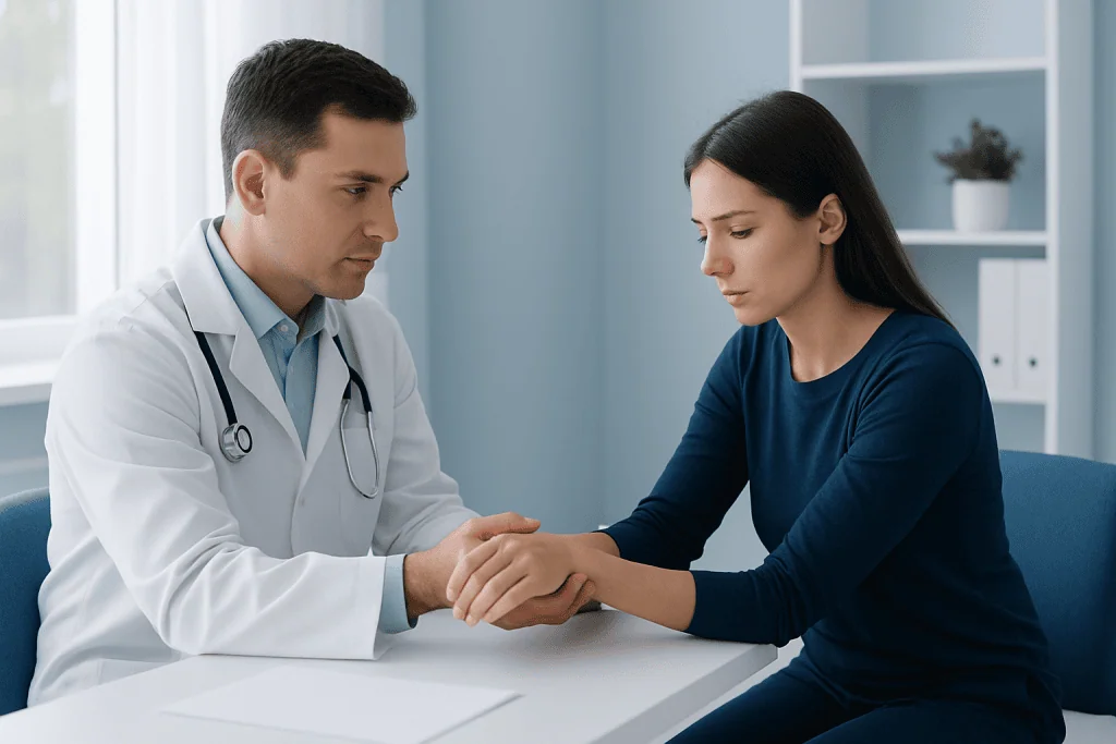 Doctor examining a patient's wrist in a medical consultation room.