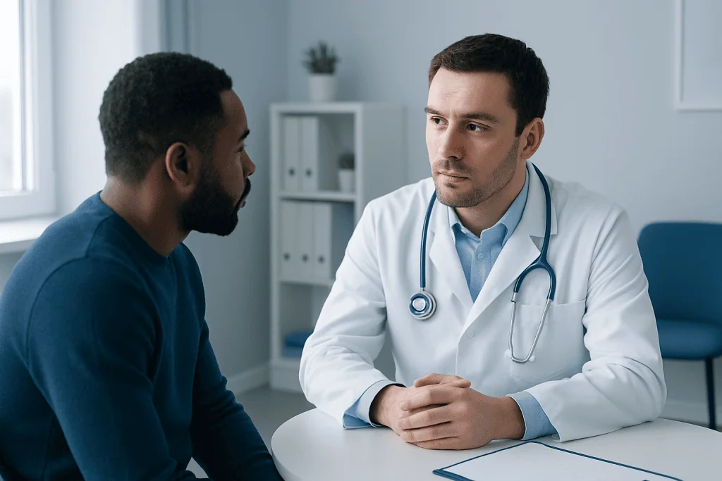 Doctor consulting with patient in a medical office setting.