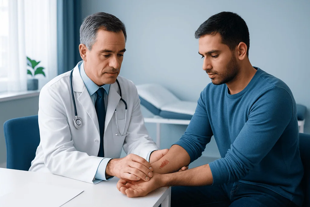 Doctor examining a patient's arm in a medical consultation room.