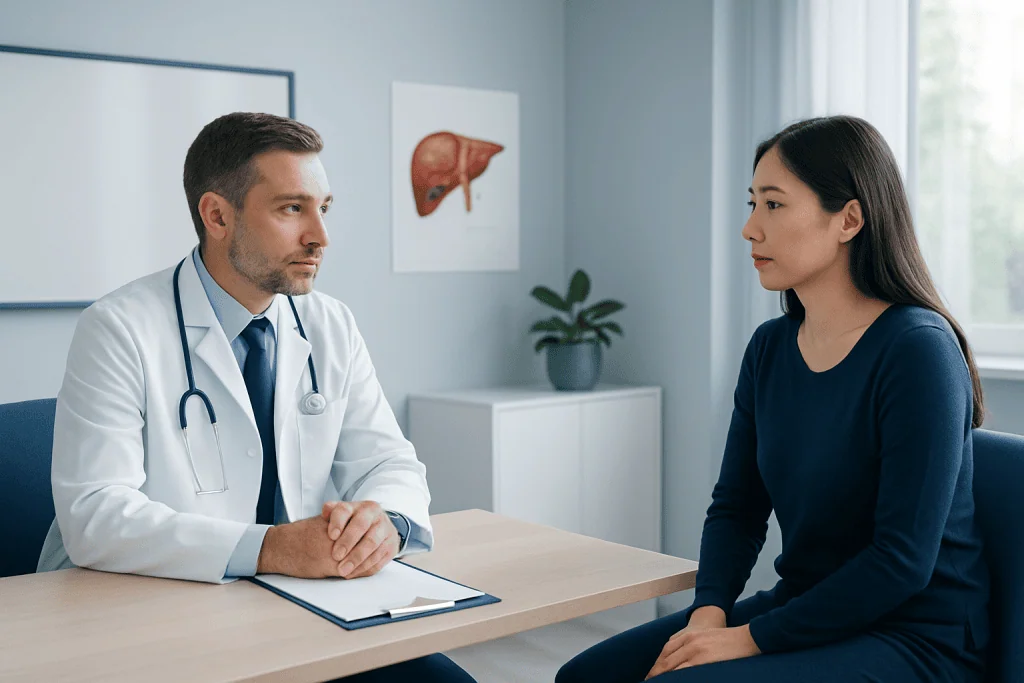Doctor consulting with a patient about liver health in a medical office.