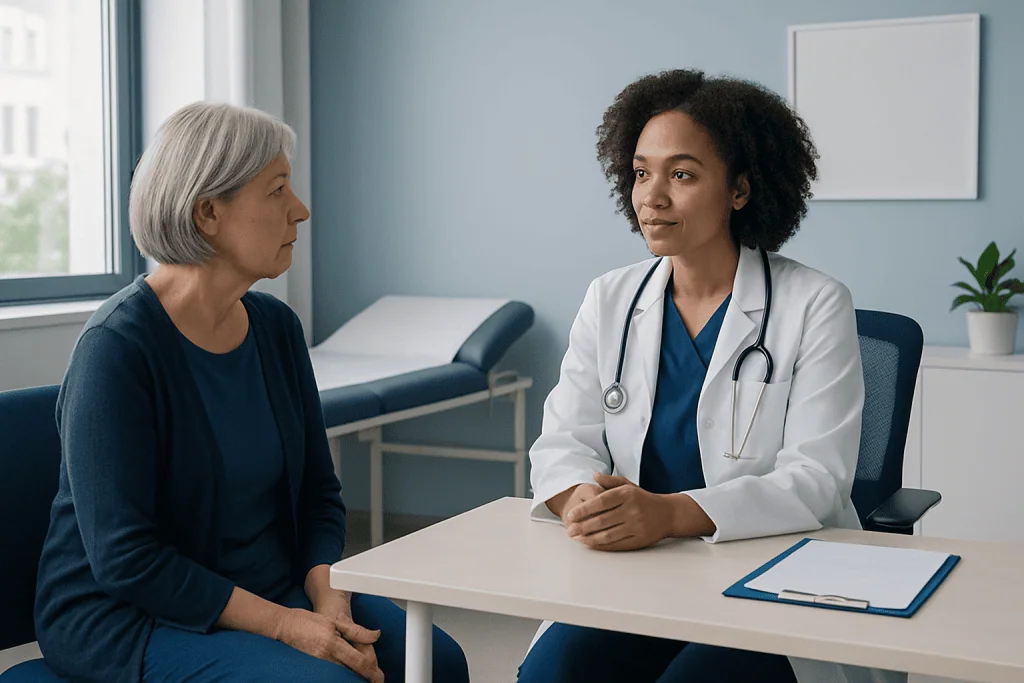 Doctor consulting with an elderly patient in a medical office.