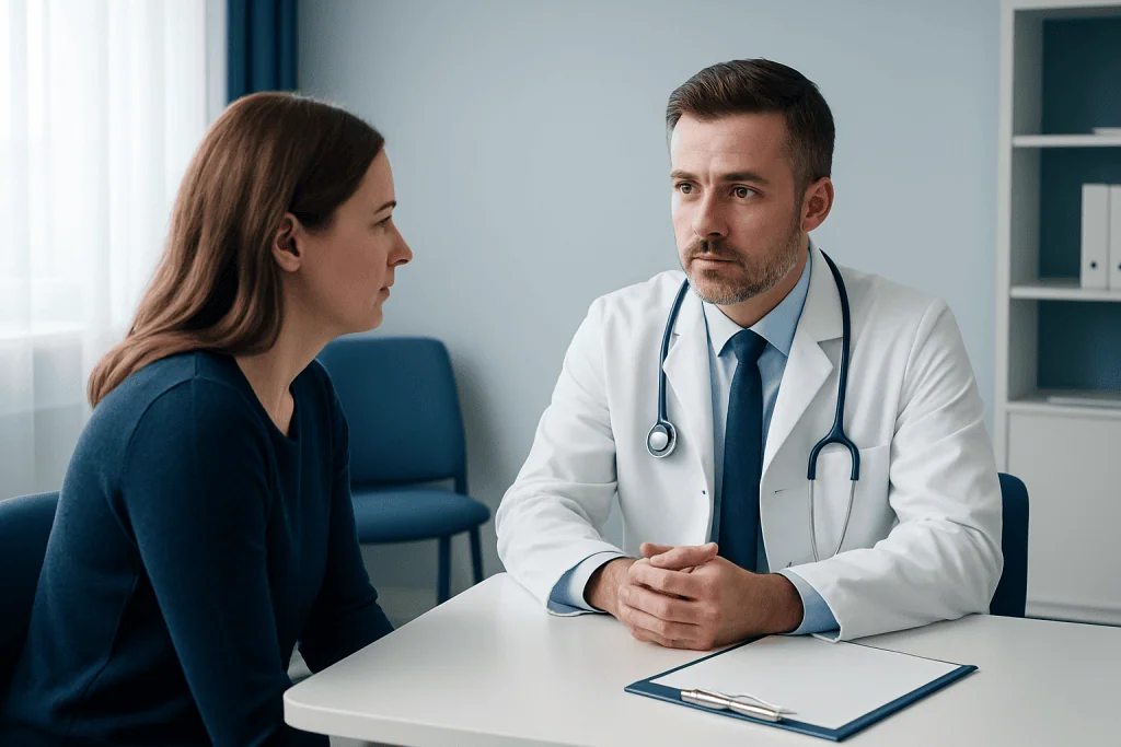 Doctor consulting with a female patient in a medical office.