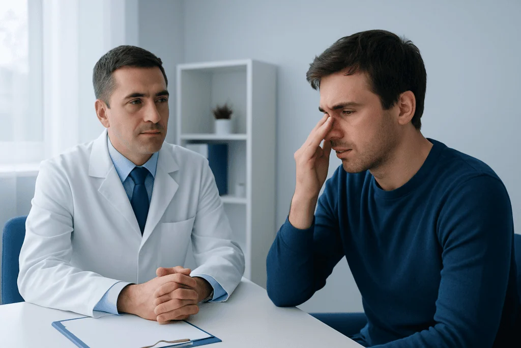 Doctor consulting with patient about nasal injury or broken nose.