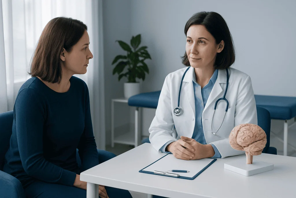 Doctor consulting with patient about brain health and treatment options.