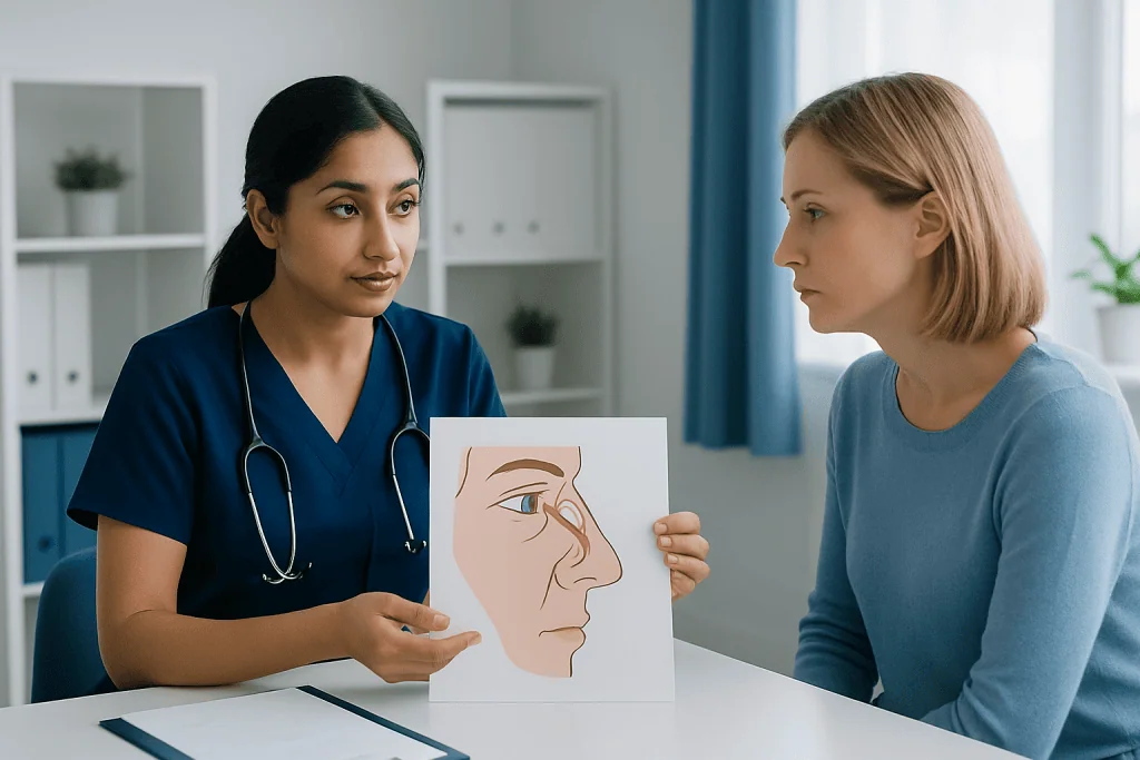 Ophthalmologist explains blocked tear duct treatment to patient.