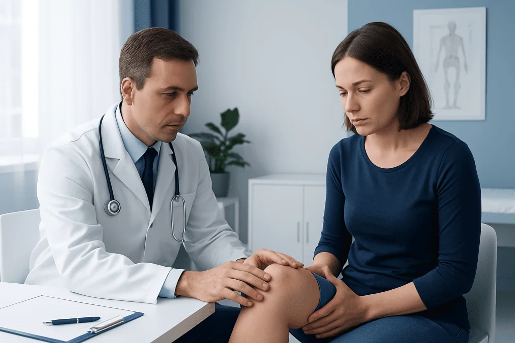 Doctor examining patient's knee in a medical consultation room.